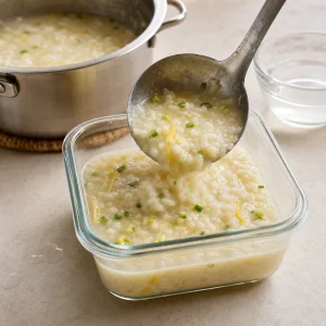 Porridge di riso avanzato messo in un contenitore di vetro