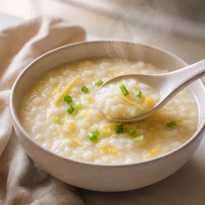 Ciotola calda di porridge di riso zenzero e limone con una cucchiaiata sollevata