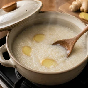 Cremiger Reis-Congee köchelt unter einem halb offenen Deckel