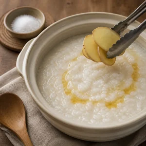 Ingwerscheiben werden aus cremigem Congee mit Sesamöl gehoben