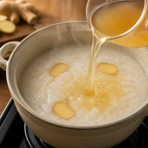 Goldene Brühe wird in cremigen Ingwer-Reis-Congee gegossen