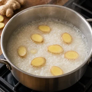 Reis und Ingwerscheiben beginnen in einem Topf zu kochen