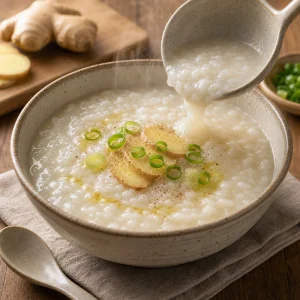 Warmer Ingwer-Reis-Congee mit Frühlingszwiebeln und Pfeffer