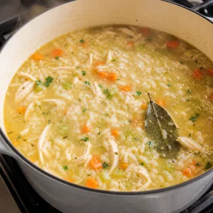 Chicken soup simmering with herbs and vegetables