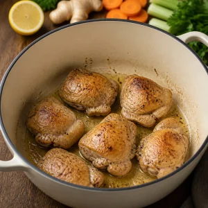 Chicken thighs browning in olive oil