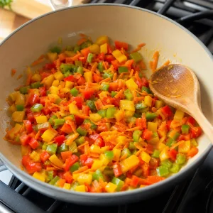 Onion, carrots, celery, garlic, and ginger sauteing
