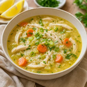 Warm chicken noodle soup served with parsley and lemon