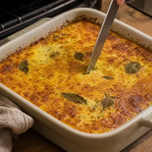 Bobotie al forno con crema dorata controllato con un coltello.