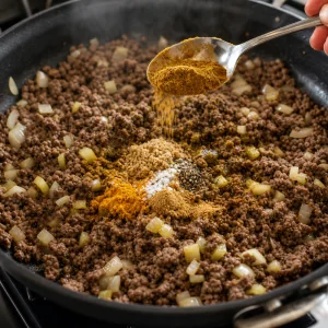 Spezie al curry mescolate nel manzo rosolato per il bobotie.