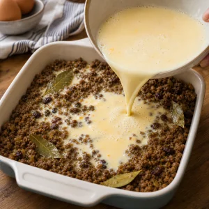 Crema di uova e latte versata sulla carne del bobotie prima della cottura.