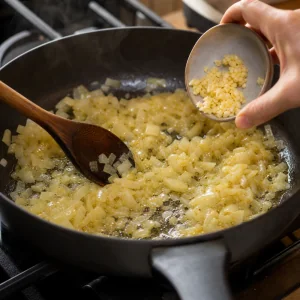 Cipolla e aglio cuociono in burro e olio per il bobotie.