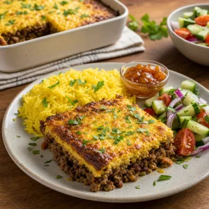 Bobotie servito con riso giallo, chutney e insalata.