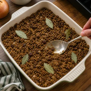 Carne speziata per bobotie livellata in teglia con foglie di alloro.