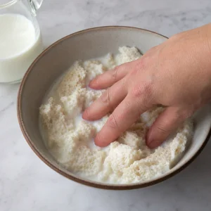 Pane bianco spezzettato in ammollo nel latte per il bobotie.