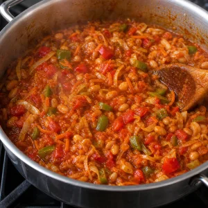 Chakalaka simmering with tomatoes, beans, and vegetables