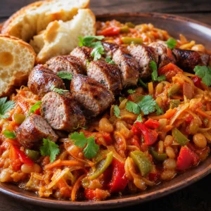 Chakalaka topped with sliced grilled sausage and served with warm bread