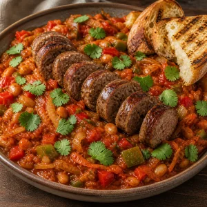 Sliced grilled sausage served over chakalaka with cilantro and toasted bread