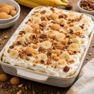 Banana pudding cake topped with whipped cream and wafers