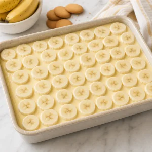 Banana slices arranged over the vanilla pudding layer