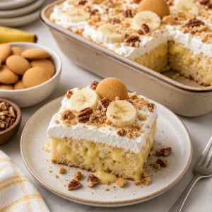 Chilled banana pudding poke cake sliced into squares