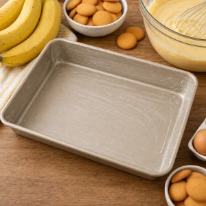 Greased rectangular baking pan ready for banana poke cake