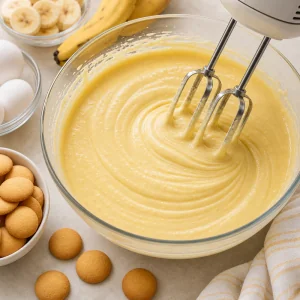 Smooth yellow cake batter mixed in a bowl