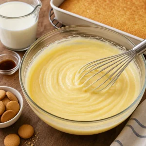 Vanilla pudding custard whisked smooth in a bowl