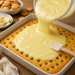 Vanilla pudding poured over poke cake holes
