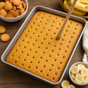 Warm golden cake covered with evenly spaced poke holes