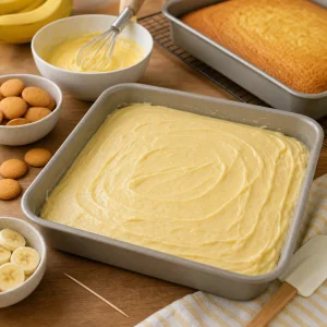 Yellow cake batter spread evenly in a baking pan