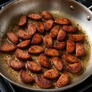 Andouille sausage browning in a skillet