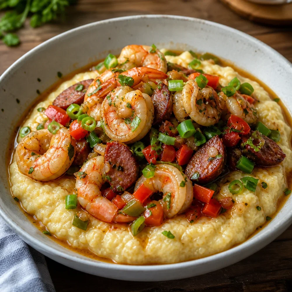 Bowl of shrimp and grits with andouille, peppers, and pan sauce