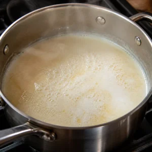 Broth and milk simmering in a saucepan