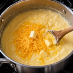 Cheddar and butter melting into creamy grits