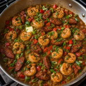 Finished shrimp and andouille sauce with herbs