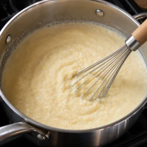 Grits being whisked in a saucepan