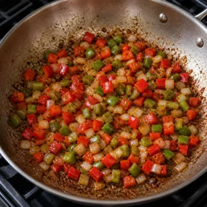 Peppers and onion cooking in a skillet