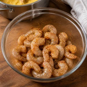 Raw shrimp coated with Cajun seasoning in a bowl