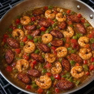 Shrimp and andouille simmering in pan sauce
