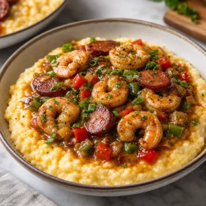 Shrimp and andouille spooned over warm grits