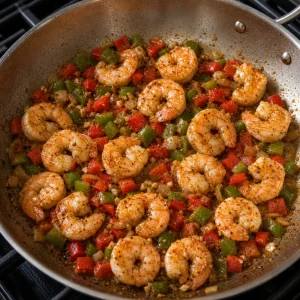 Shrimp cooking with peppers and onion