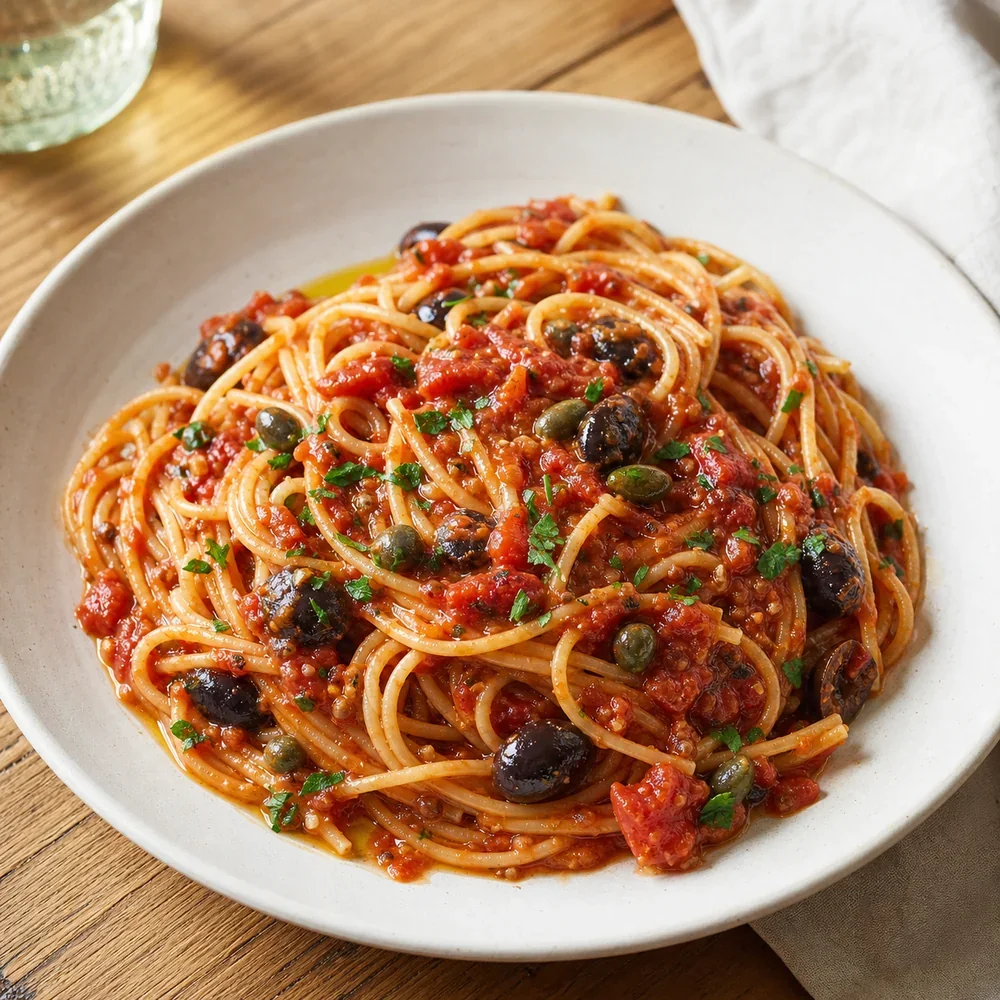 Finished spaghetti alla puttanesca in a bowl with olives, capers, and parsley.
