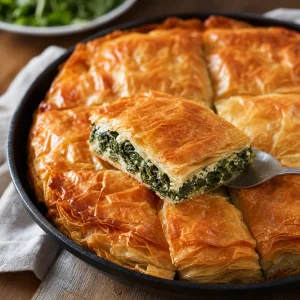 Finished spanakopita cut into golden squares