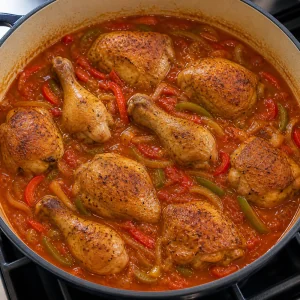 Browned chicken nestled in simmering tomato pepper sauce