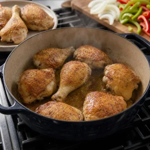 Chicken browning skin side down in a Dutch oven