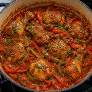 Finished chicken chilindrón garnished with parsley in the pot