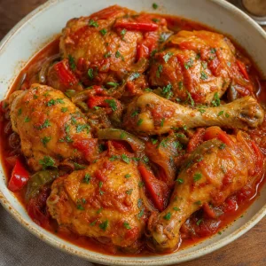 Finished chicken chilindrón with peppers in tomato sauce