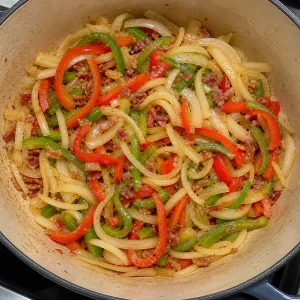 Onions and red and green peppers softening in the pot