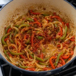 Paprika-tinted peppers deglazing with white wine