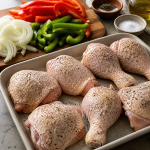 Raw chicken seasoned with salt and pepper beside sliced vegetables
